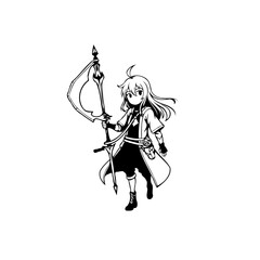 Anime styled young warrior wielding a halberd vector design showcases bravery and strength in black and white illustration