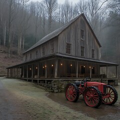 Fototapeta premium A charming old mill with a vintage tractor, nestled in a misty mountain valley