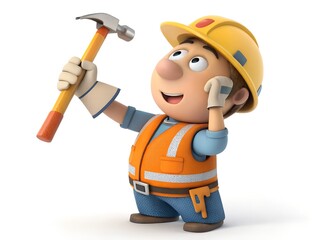 Vector art of cartoon construction worker with tools isolated on white background