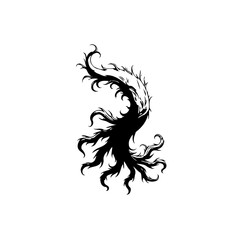 Intricate dark artistic composition showcasing a mysterious organic form silhouette against a clean white backdrop design