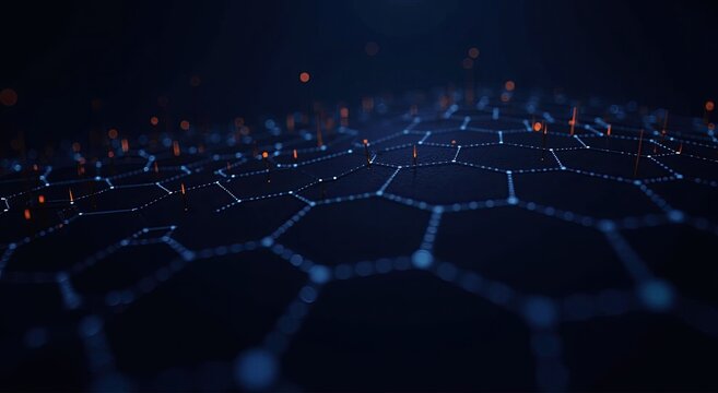 Futuristic network connection featuring glowing hexagon grid and dynamic orange nodes in dark space