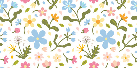 Seamless floral pattern with soft pastel flowers, herbs and leaves. Gentle spring or summer design with romantic and natural feel. Vector illustration on light background, hand drawn, flat design