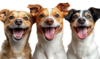 Three Happy Dogs Smiling Joyfully with Bright Expressions and Playful Attitudes, Ideal for Pet Lovers and Animal Enthusiasts Seeking Heartwarming Images