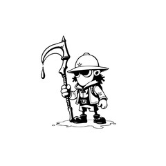 Cartoon adventurer holding scythe illustration in black and white showcasing courage and adventure for all