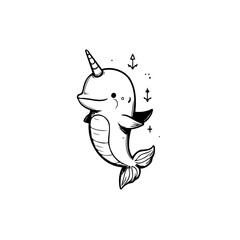 Adorable narwhal unicorn illustration art a whimsical blend of mythical creature and sea creature art, ocean magic © Arum