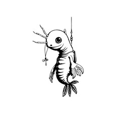 Whimsical axolotl creature black and white ink drawing illustration floating with string creating a unique artwork