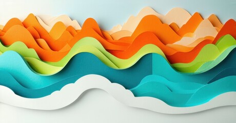 Layered paper waves create colorful landscape. Bright hues blend, forming abstract ocean or hills. Minimalist design, clean aesthetic.