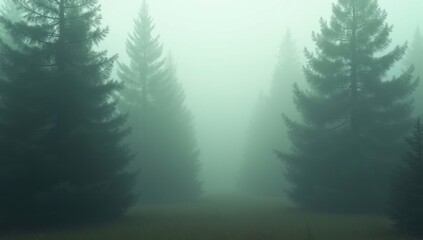 Pine forest in fog. Background. AI generative.