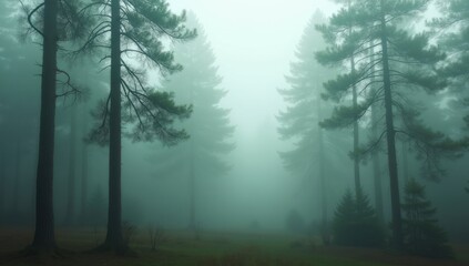 Pine forest in fog. AI generative.