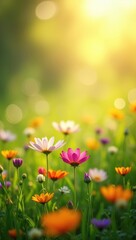 Summer meadow, green grass and flowers, background. AI generative.