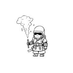 Adorable stylized character illustration wielding smoke grenade fantasy black and white drawing depiction of a figure