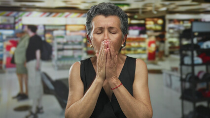 Senior woman with grey hair coughing in a busy indoor shopping mall, surrounded by shelves,...