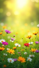 Summer meadow, green grass and flowers, background. AI generative.