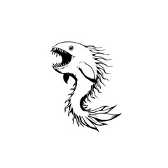 Intricate black and white illustration of a stylized monstrous fish with sharp teeth and spiky fins in creative design