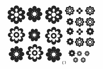 Groovy daisy flowers set. Flat black icons. Simple flower silhouette. Retro vintage style, hand drawn decorative elements.