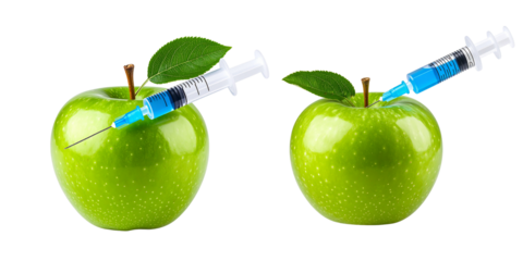  Green Apple with Medical Syringe Injecting Genetic Serum, isolated on transparent background PNG