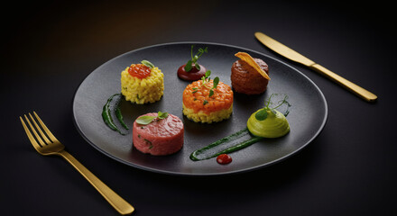 Gourmet Degustation Plate Artistic Food Presentation with Risotto Tarts and Sauces