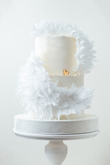 Beautiful two tier christening cake with white chocolate velvet coating and delicate feather-like angel wings decorations. White background