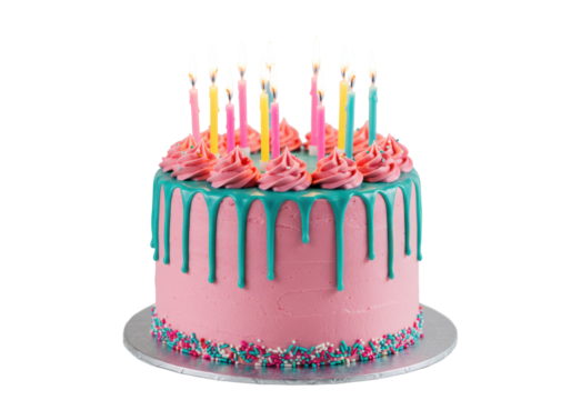 Isolated Pink Birthday Cake with Teal Drizzle