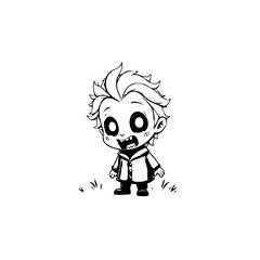 A charming cartoon illustration of a vampire character in black and white standing on grass