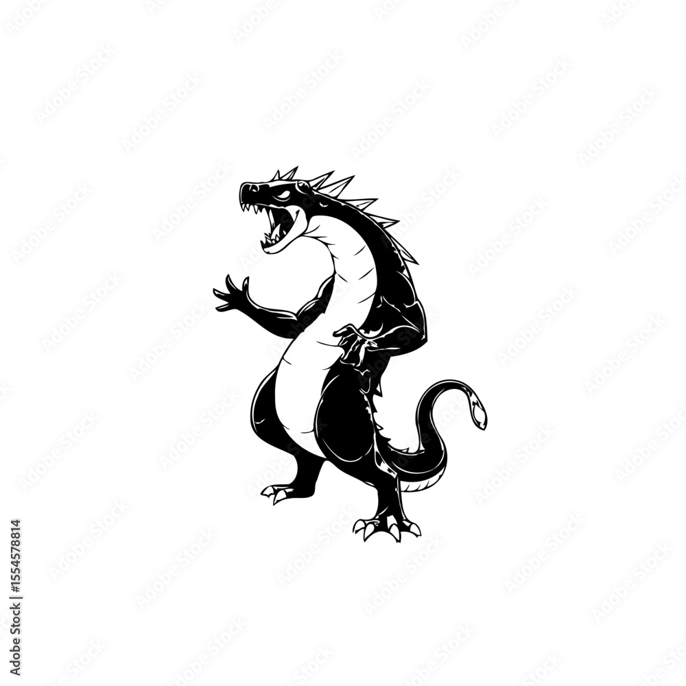 Poster fearsome dragon with sharp teeth and claws roaring in monochrome illustration artwork showcasing myt