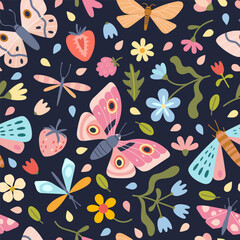 Seamless pastel pattern with butterflies, dragonflies, flowers and leaves. Delicate design for spring and summer products or feminine stationery. Vector illustration on black background, hand drawn