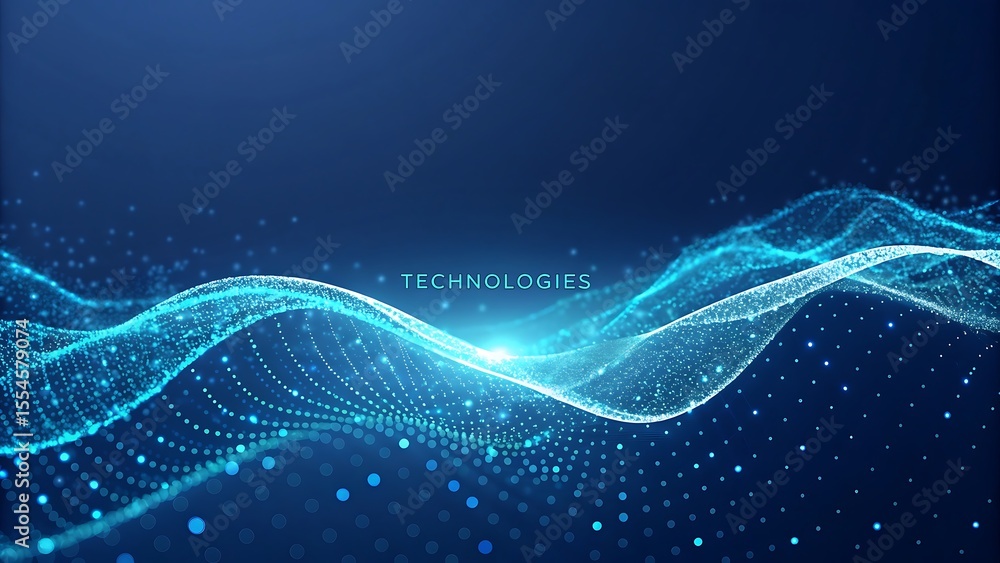 Poster abstract blue background with flowing fractal lines and glowing wave patterns