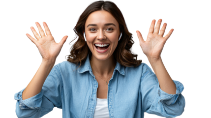 Joyful expression of surprised Woman with Wireless Headphones: A portrait of a smiling woman, her hands raised in surprise, captured with her wireless headphones in.