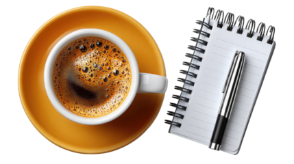 Coffee & Notepad: A captivating top-down perspective unveils a perfect cup of coffee, positioned alongside a notepad and a pen, crafting an ambiance of productivity and introspection. 