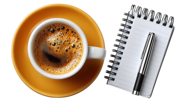 Coffee & Notepad: A captivating top-down perspective unveils a perfect cup of coffee, positioned alongside a notepad and a pen, crafting an ambiance of productivity and introspection. 