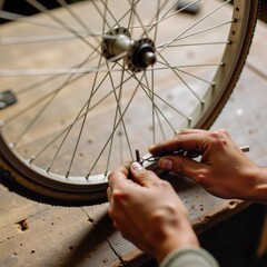 Bike Wheel Repair Close up of Hands Carefully Tightening Spoke Nipple on Bicycle Wheel