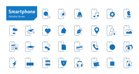 Smartphone Blue Line Editable Stroke Icons Set. Mobile Phone Functions, Settings, Technology, Apps, Security, Shopping, Mobile Wallet, Marketing, Promotion Communication Collection Vector Illustration