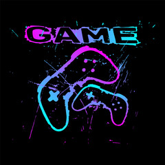 Neon-styled grunge illustration of two game controllers with colorful paint splashes and the word "GAME". Ideal for youth clothing and gaming-themed apparel.