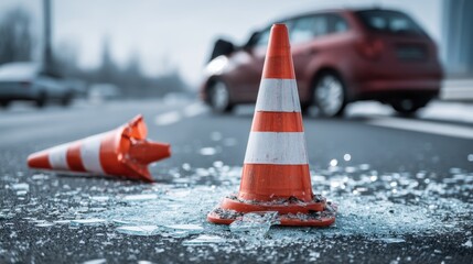 Traffic cones and shattered glass near a car crash on a road