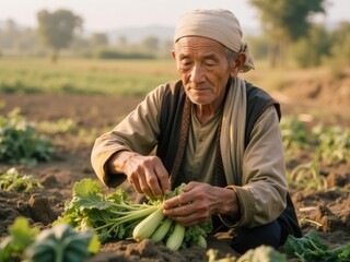 Elderly Asian Farmer Harvesting Fresh Vegetables in a Sunny Field