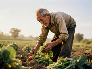 Elderly Farmer Harvesting Fresh Vegetables in a Sunny Field Hardworking Senior Man Cultivating Organic Produce