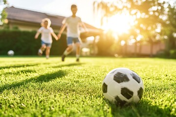 Two kids playing soccer in the backyard on a sunny day, having fun and enjoying summer