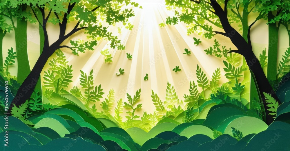 Poster lush forest scene. sunlight filters through leaves, creating vibrant green layers. papercraft style 