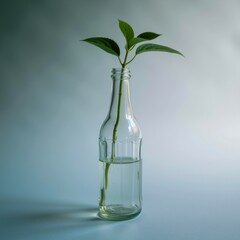 A single green sprout in a clear glass bottle filled with water against a soft blue background Simple nature minimalism