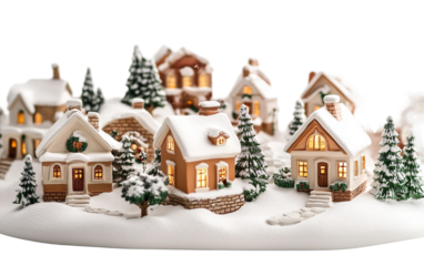 Tiny handcrafted Christmas village homes designed to evoke holiday spirit and cozy winter traditions isolated on transparent background PNG