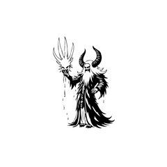 Mystical dark sorcerer with horned skull captivating black and white magical fantasy illustration artwork