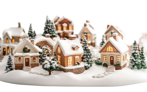 Tiny handcrafted Christmas village homes designed to evoke holiday spirit and cozy winter traditions isolated on transparent background PNG
