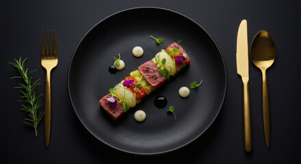 Gourmet Tuna Tataki Dish with Melon Vegetables and Microgreens on Black Plate