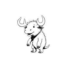 Playful cartoon yak character with horns standing on two legs isolated on white background line art