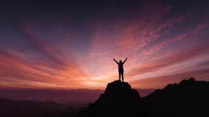 Person Standing on Mountain Peak with Arms Raised at Sunset