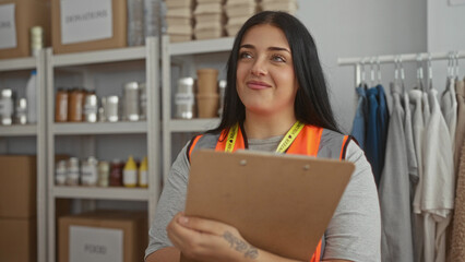Curvy woman volunteering in indoor charity center organizing donations with clipboard surrounded by...