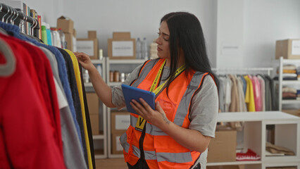 Young woman volunteer in orange vest organizing clothes indoors at charity donation center with...