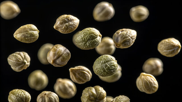 A close up studio shot of capers falling against a black background highlights their unique texture and culinary appeal