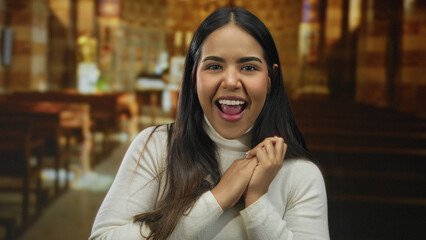 Woman smiling in a church setting, showcasing joyful and peaceful expressions with a vibrant energy...