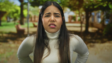 Woman face shows confused look in park with young latin hispanic attire standing in green outdoors...
